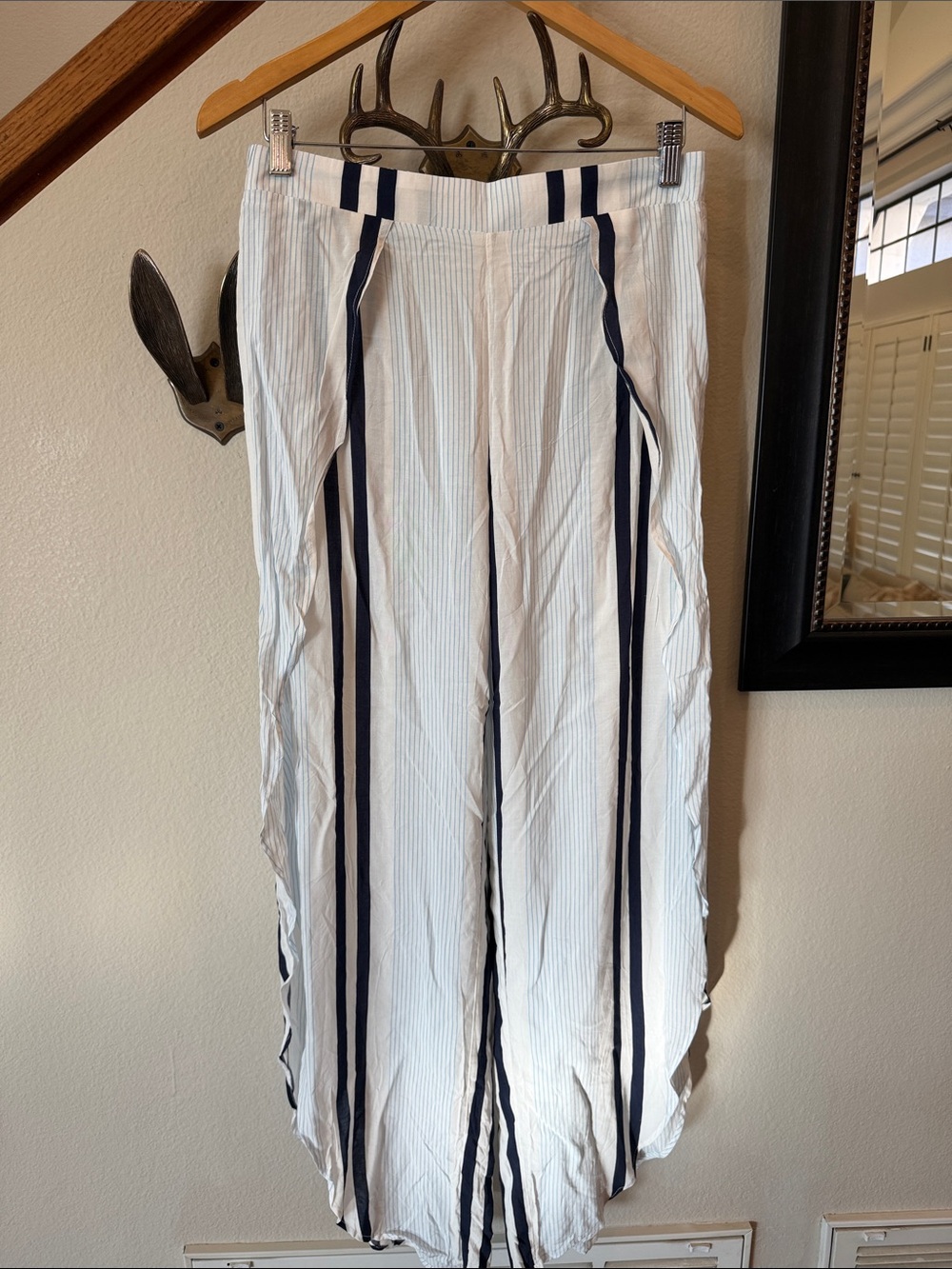 Surf Gypsy White Pants with Navy Vertical Stripes